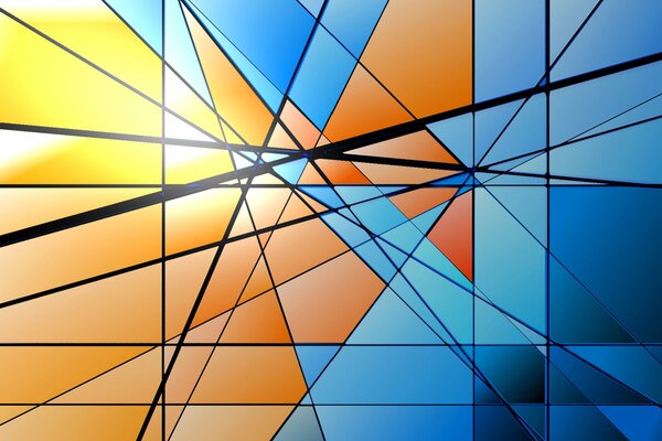 Scharfe Linien Volumen. Bunte Dreiecke aus farbigem Glas