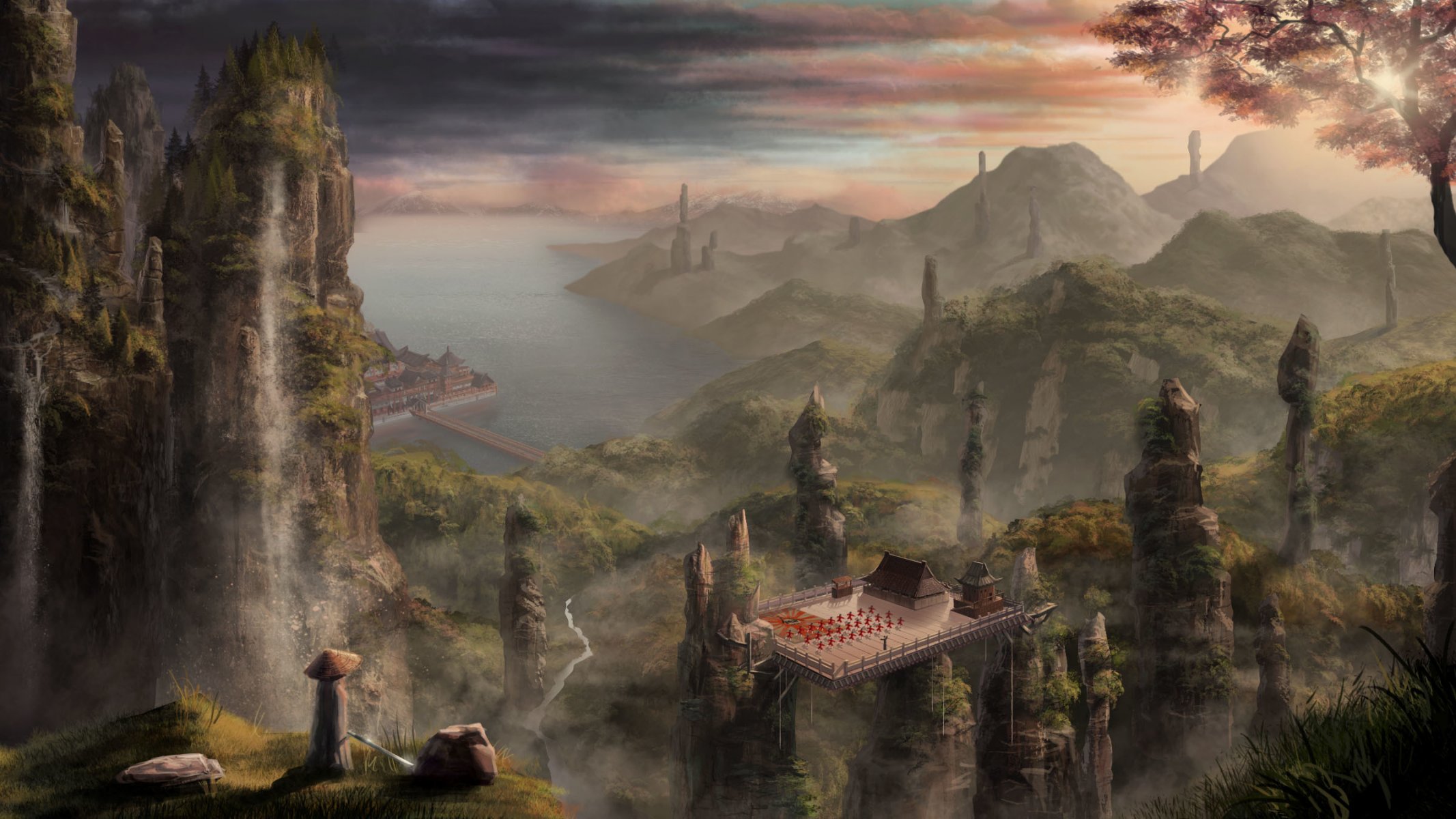 kunst andrey palyanov landschaft felsen berge gebäude asien china hafen meer wasserfälle höhe
