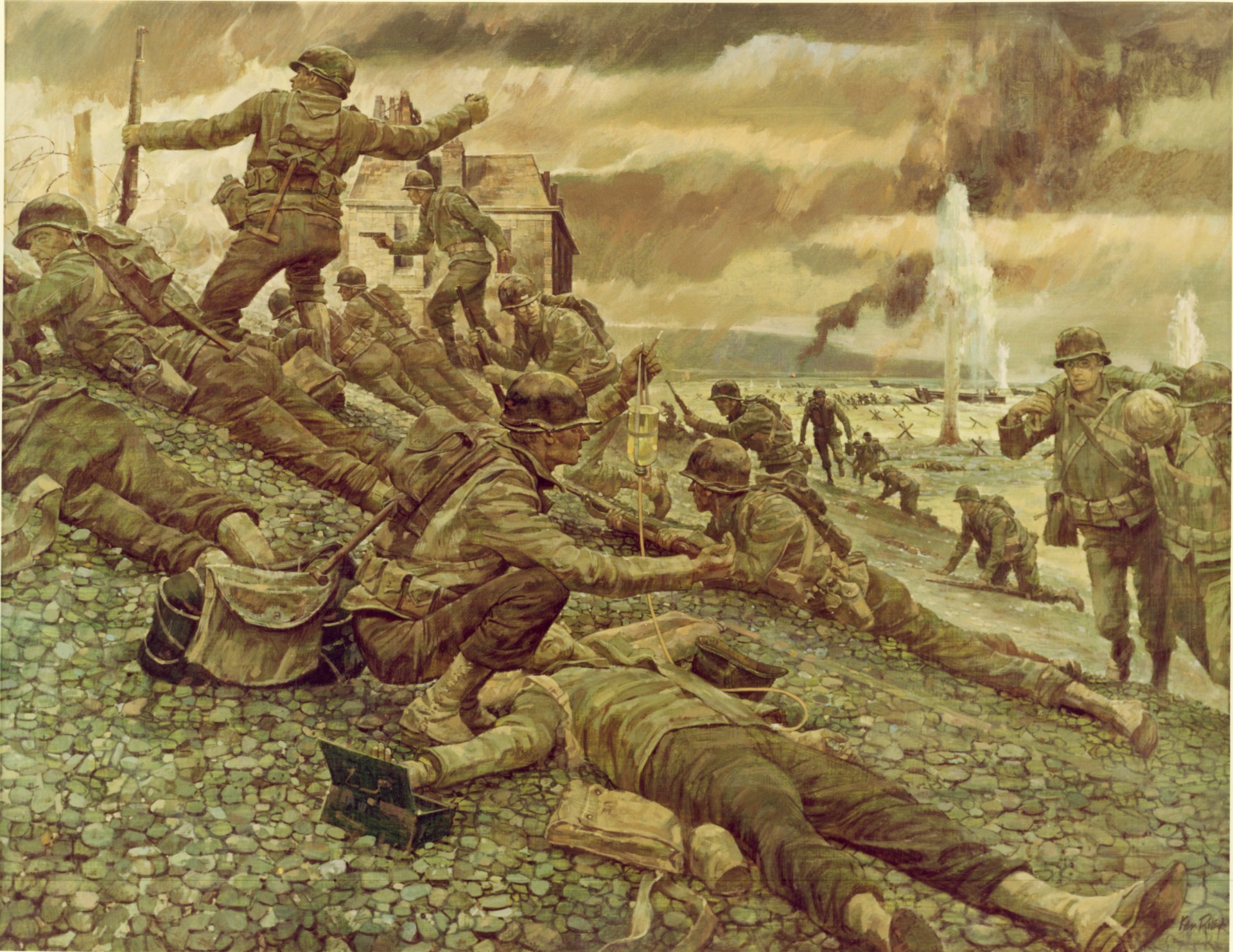 kunst normandie frankreich 6. juni 1944 landung der alliierten truppen soldaten waffen ausrüstung ww2 zeichnung