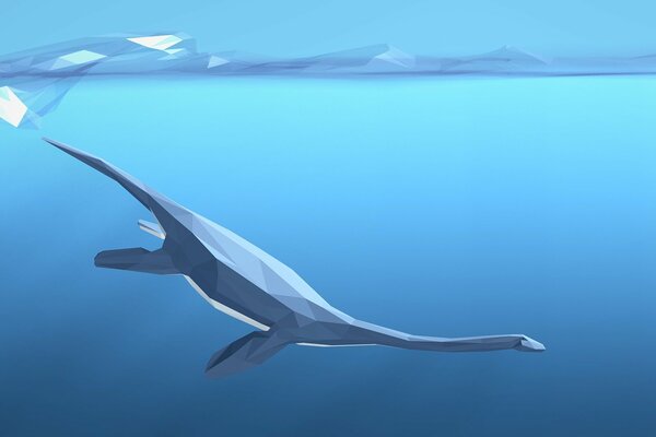 Ein geometrisches Bild eines schwimmenden Dinosauriers. Zeichnung. Blauer Hintergrund