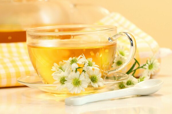 Tee in einer Tasse und mit Blumen und mit einem Löffel
