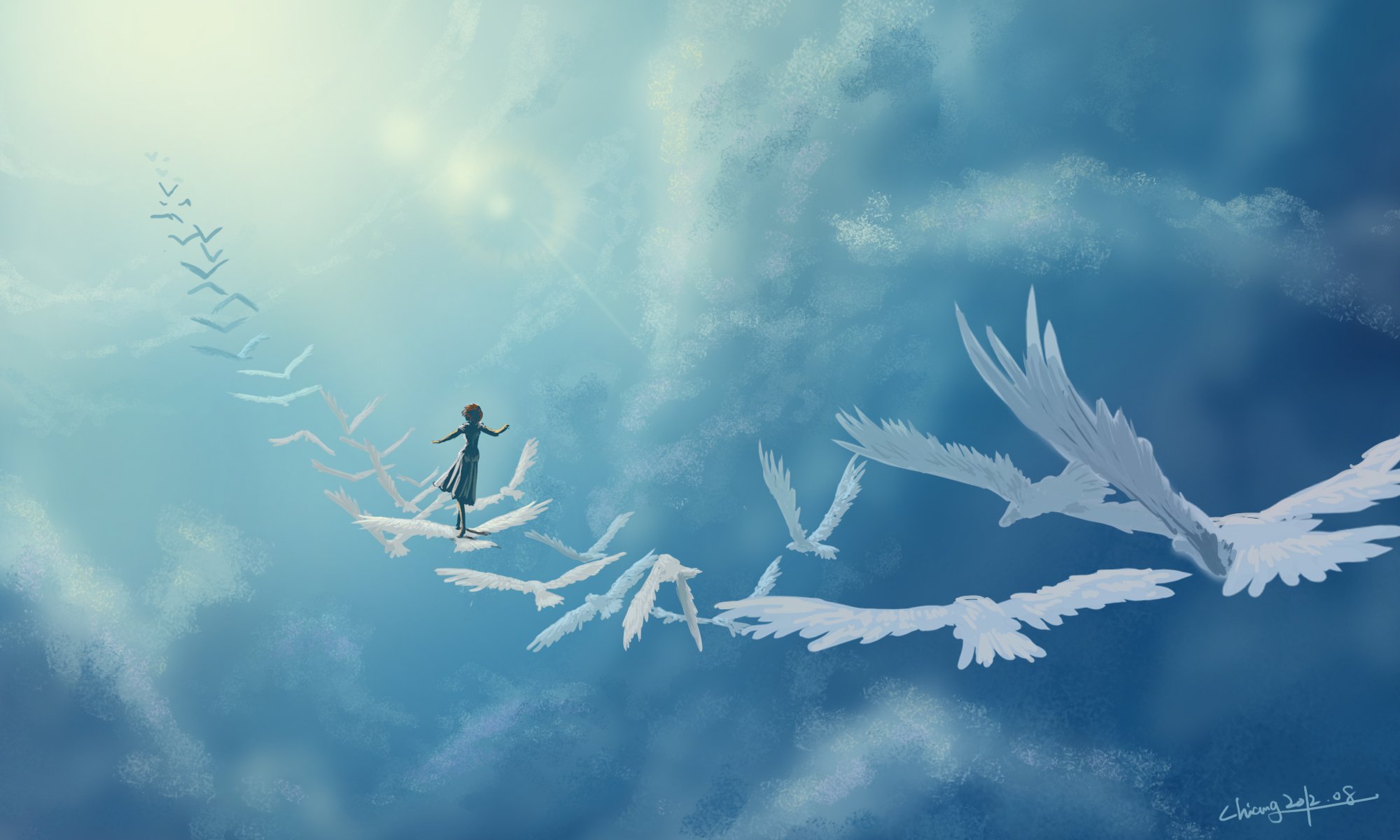 kunst am himmel vögel mädchen fantasie wolken
