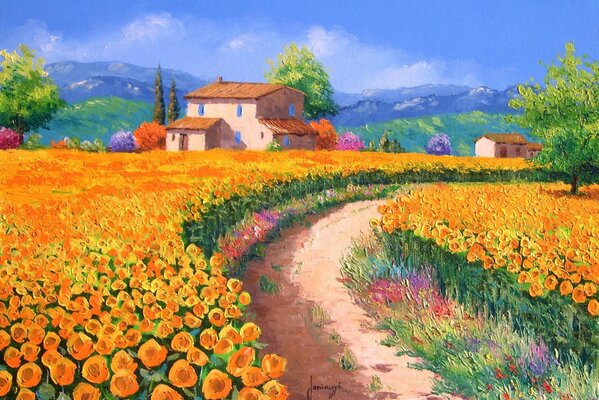 Feldbild von orangefarbenen Blumen mit Haus