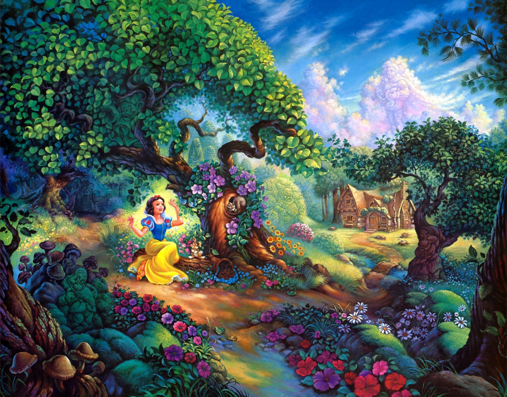 schnee weiß zauberwald tom dubois malerei schnee weiß wald walt disney cartoon haus blumen