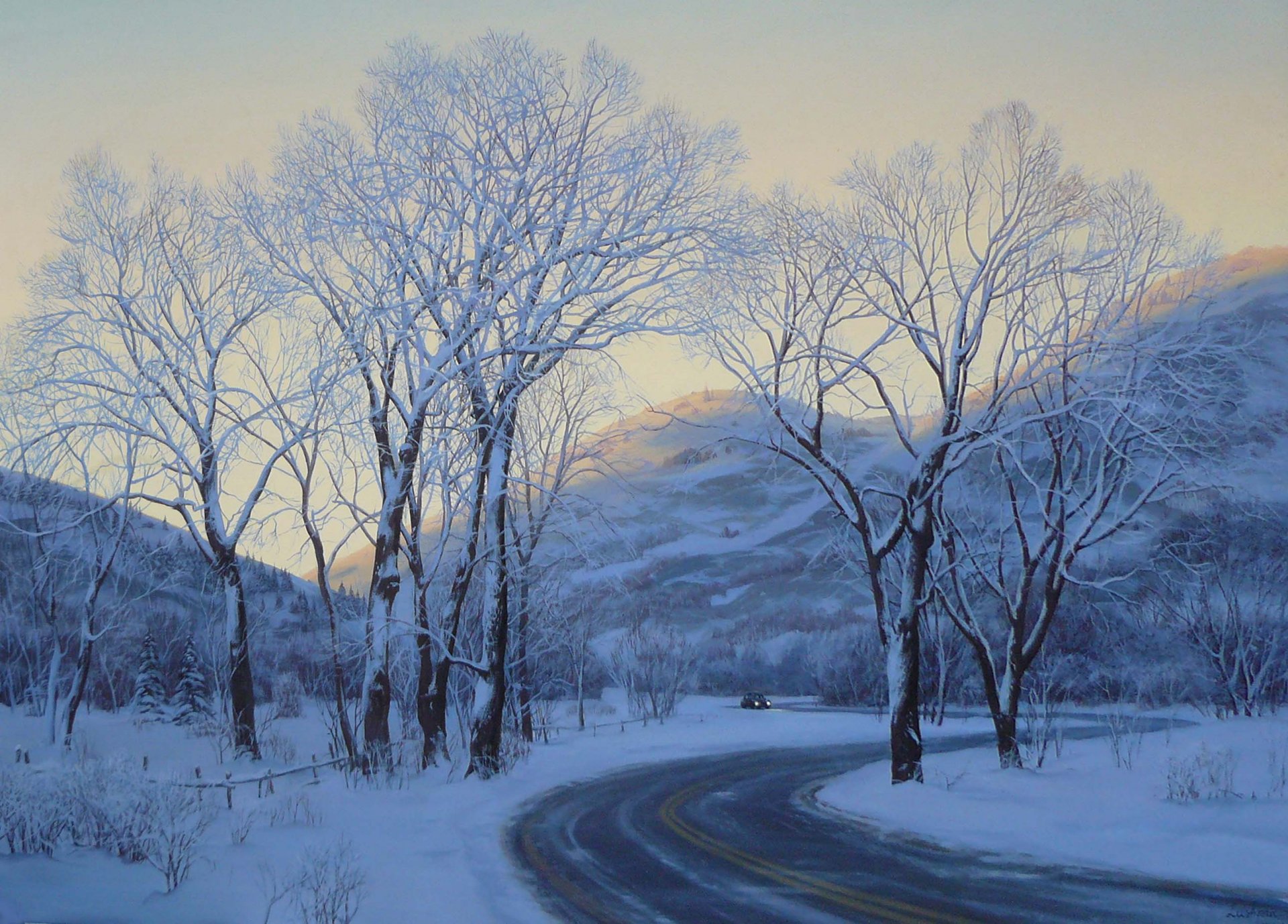 stadtpark eugene lushpin malerei kunst lushpin winter schnee straße auto abend bäume eugene lushpin landschaft lushpin winter auto berge