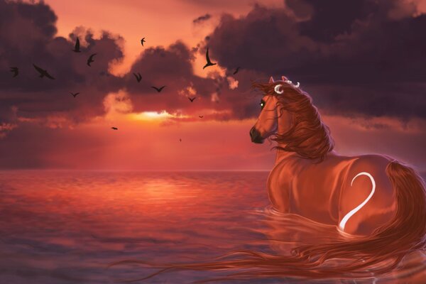 Das rote Pferd steht im Fluss rot vom Sonnenuntergang