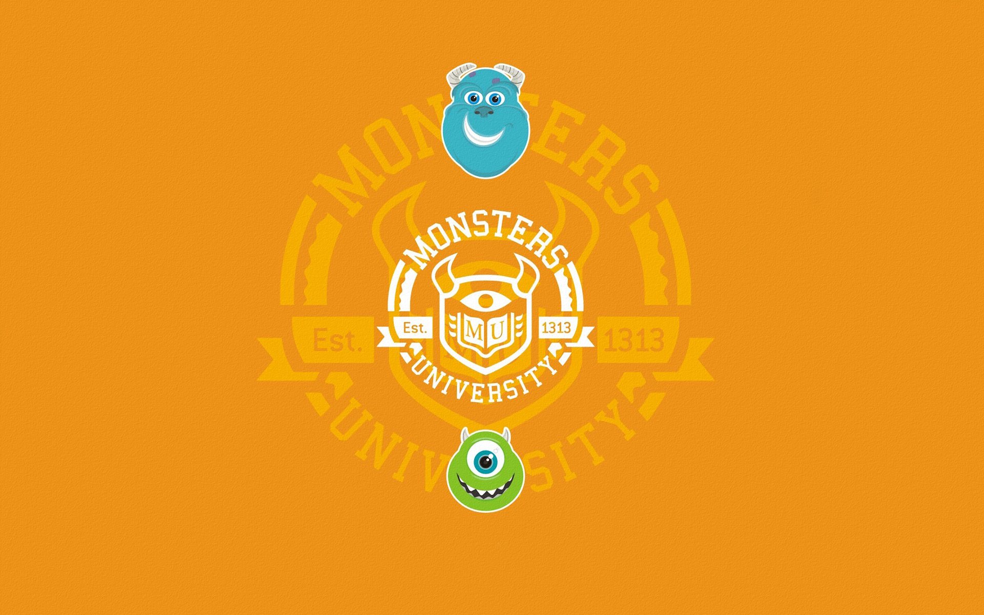 monster university monster corporation monsters inc. kreis inschrift gesichter blau grün orange hintergrund minimalismus