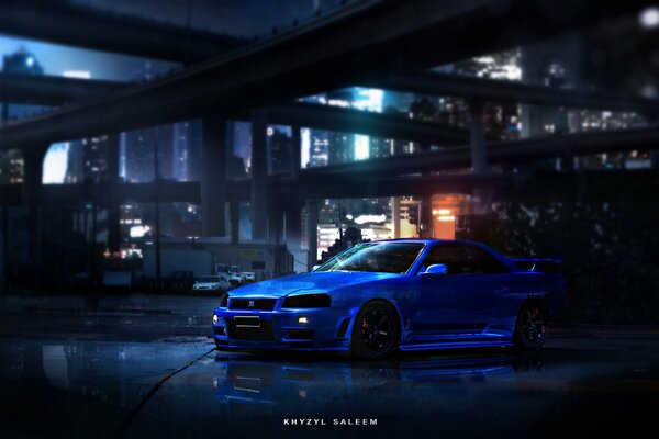 Blaues Auto auf Nacht Stadt Hintergrund