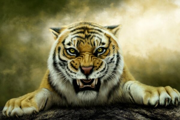 Ein raubtiger Tiger und ein schrecklicher Grinsen