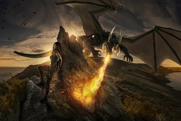 Ein Mädchen und ein Drache kämpfen um die Erde