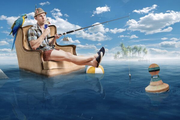 Ein Fischer sitzt auf einem Stuhl im Meer