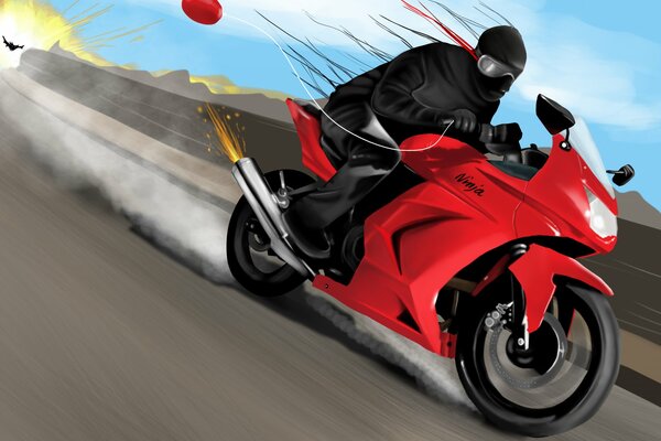 Ninja auf einem Motorrad mit einem Ballon