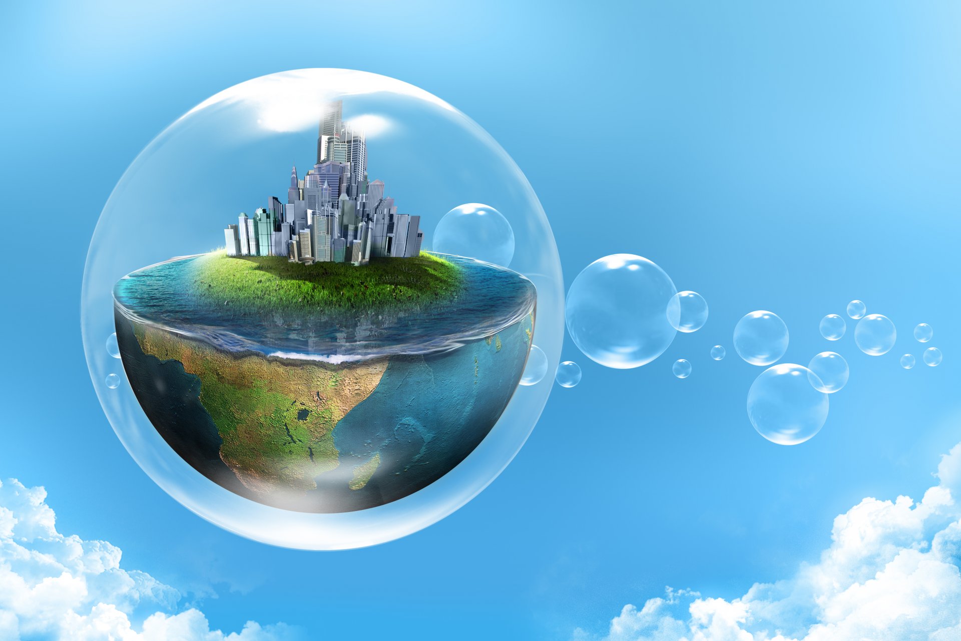 kreativ blase stadt planet hälfte wasser wolken himmel