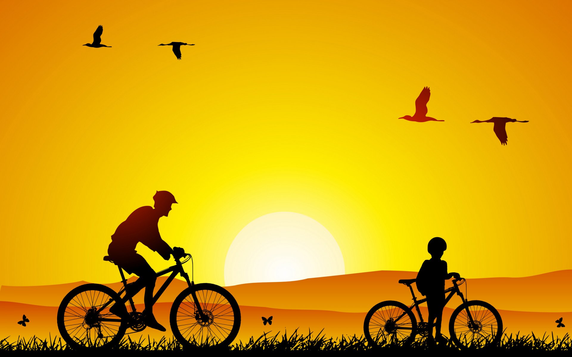 stimmung stimmung minimalismus zu fuß vater sohn fahrräder natur vögel