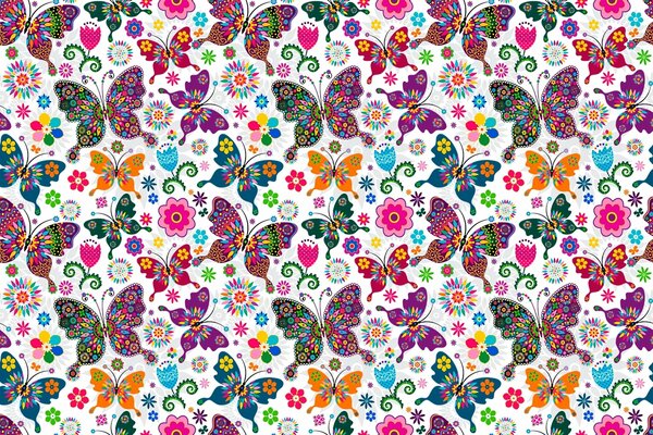 Muster von Schmetterlingen und Blumen auf weißem Hintergrund