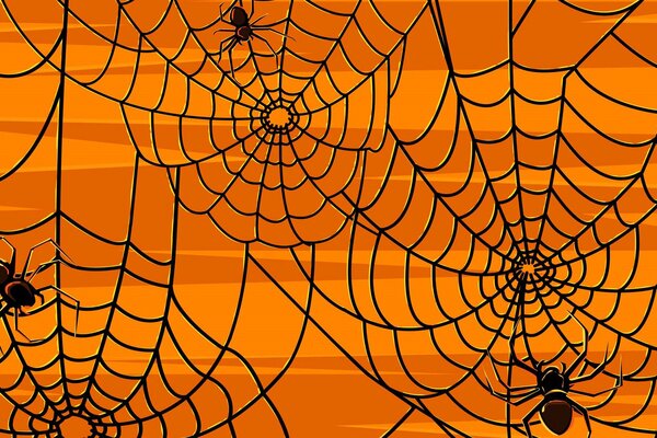 Schwarzes Spinnennetzmuster mit Spinnen auf orangefarbenem Hintergrund