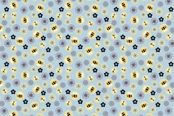 Helle Textur. Blumen und Bienen auf der Tapete