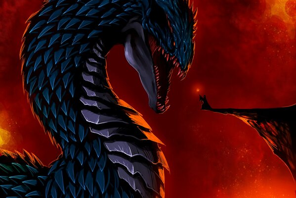 Eine Fiktion, ein dunkelblauer Drache, der mit Schuppen bedeckt ist, verbrennt den Blick eines Mannes mit einem Stab