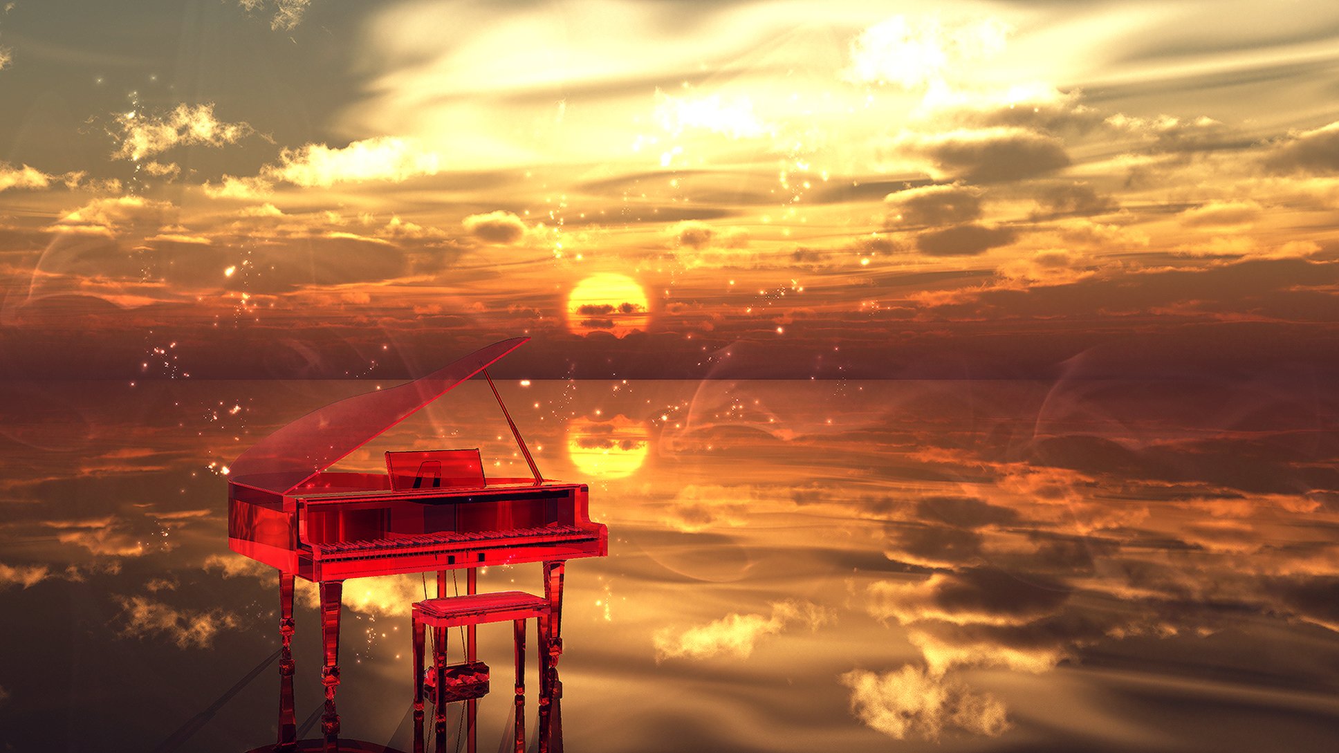 sonnenuntergang wasser wolken funken musikinstrument