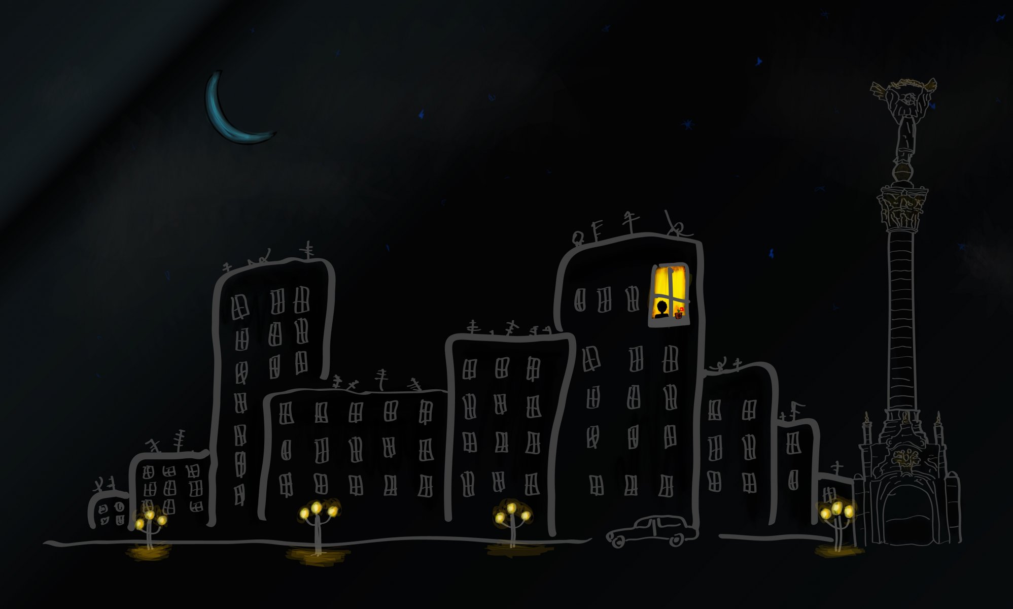stadt kiew zuhause fenster straße monat mond auto licht laternen rendering himmel sterne nacht