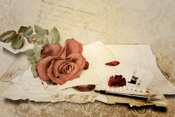 Die Rose liegt auf dem Brief und den Noten