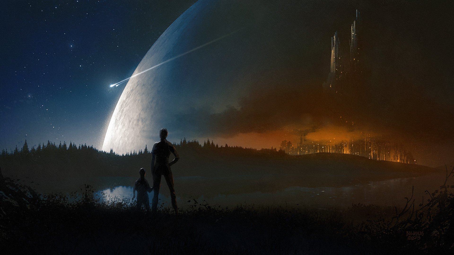 kunst christopher balaskas planet ansicht menschen stadt nacht lichter see schiffe spur sterne