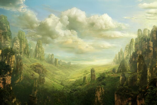 Eine phentäsische Landschaft aus einem grünen Tal mit Felsen