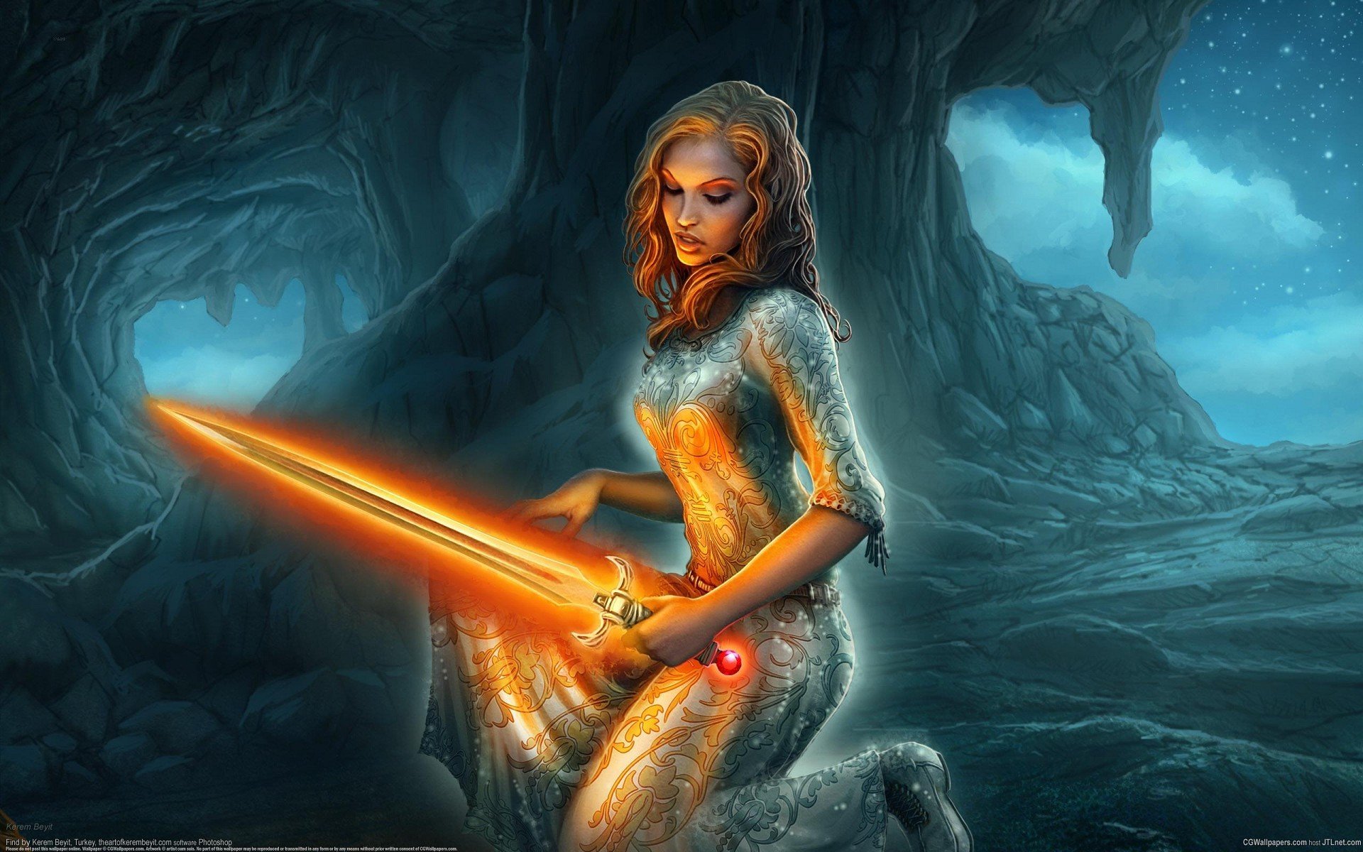 kunst kerem beeit mädchen schwert magie felsen höhle