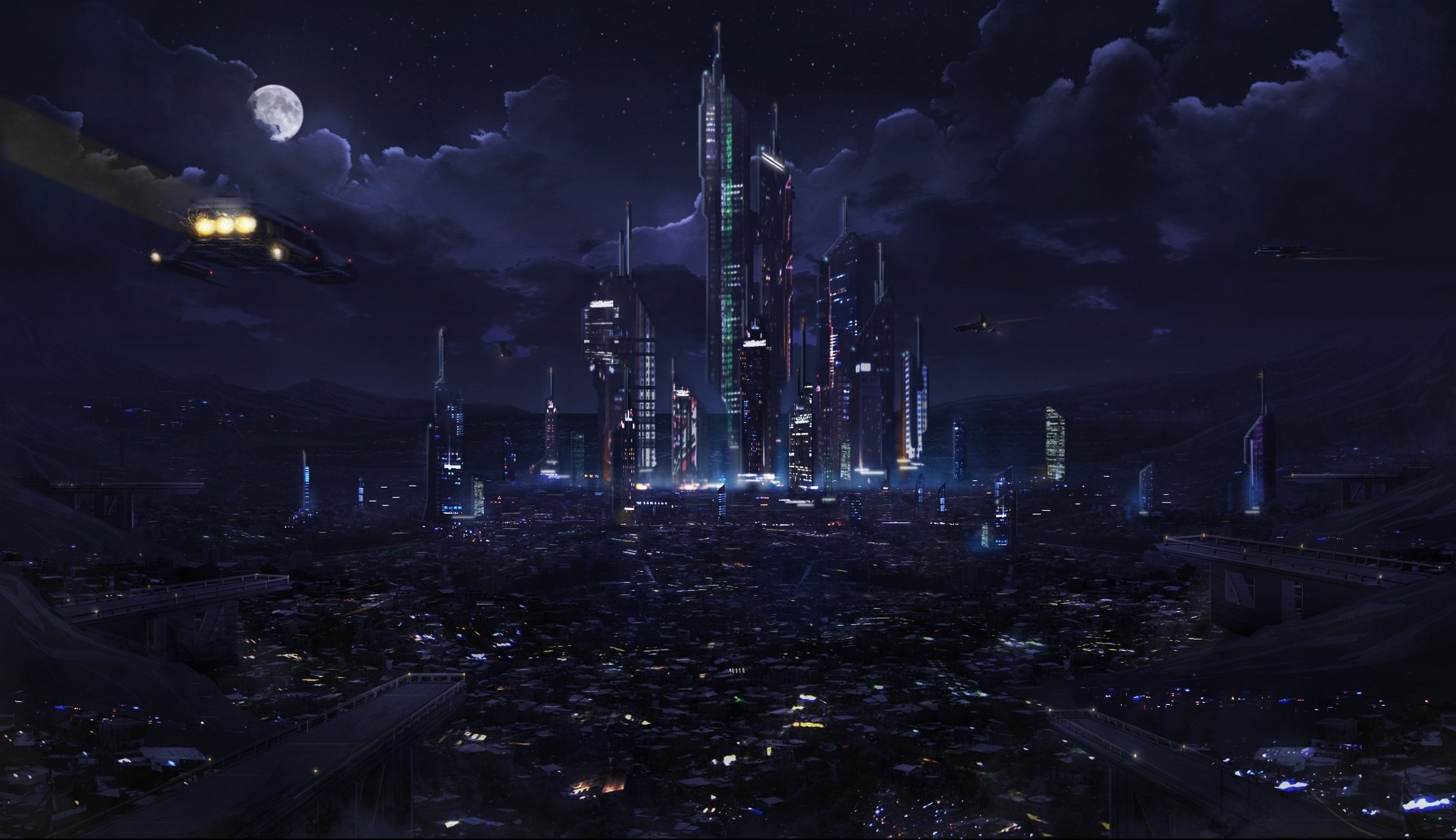 plaza ken lebras astrokevin fantasie stadt laternen zukunft raumschiffe nacht himmel wolken mond lichter zukunft fantasie nachthimmel