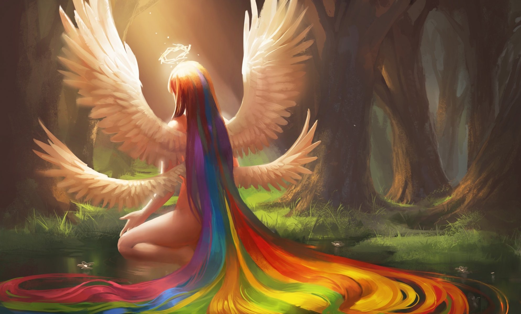 kunst sakimichan mädchen regenbogen haare flügel engel nimbus wald teich wasser blumen sitzen rücken