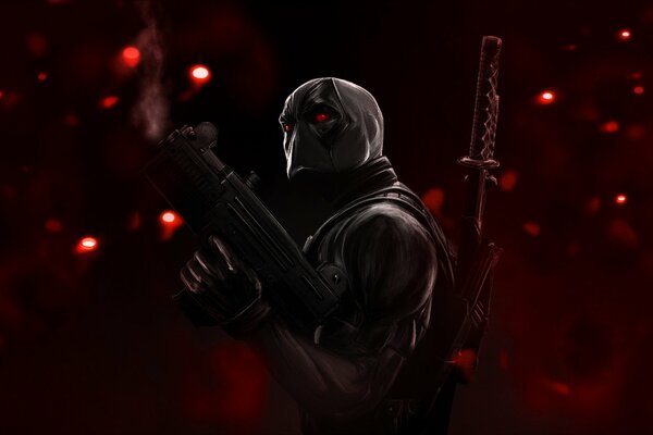 Deadpool mit Katana auf rotem Hintergrund mit Highlights