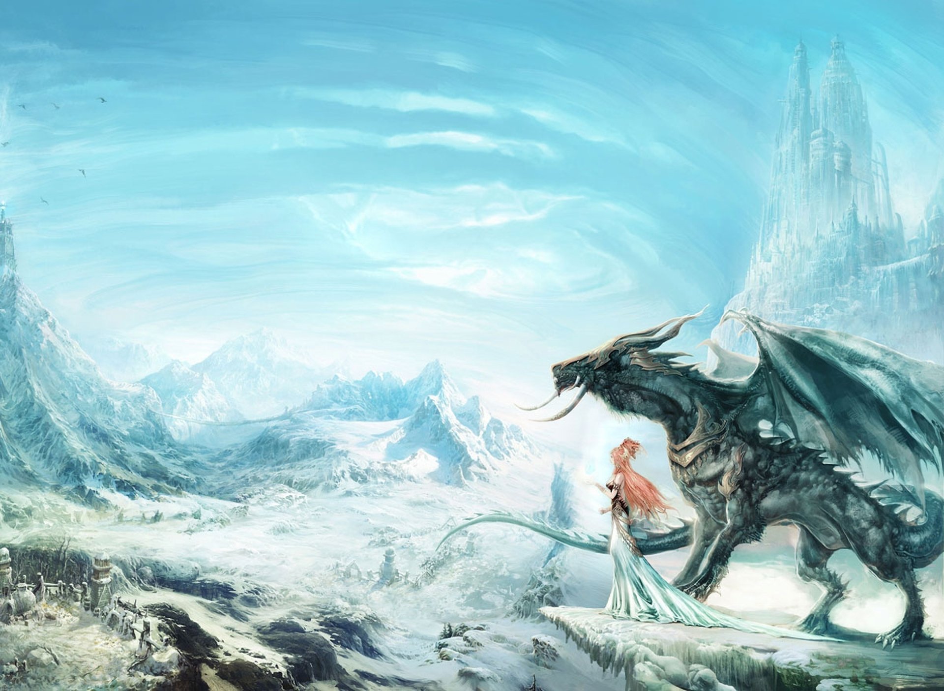 kunst yangqi mädchen drachen schloss dorf schnee felsen rothaarige
