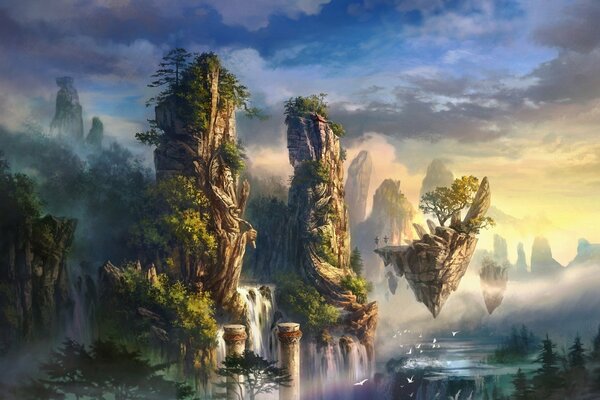 Fantastische Landschaft mit fliegenden Bergen und Wasserfällen bei Sonnenuntergang