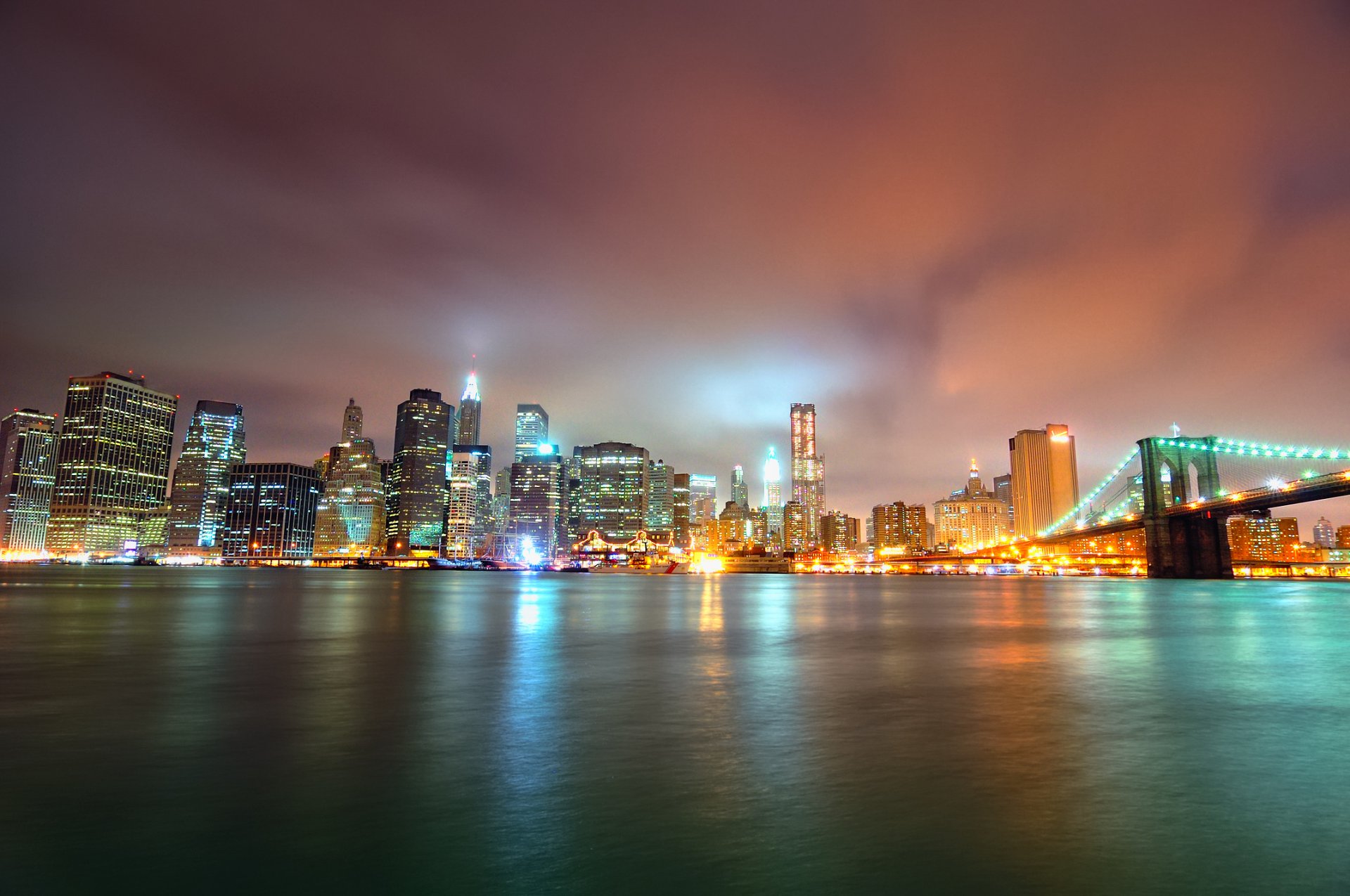 manhattan nacht brooklyn brücke park new york wolkenkratzer lichter