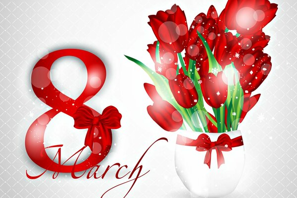 Ein weißer Topf mit roten Tulpen darin und die Ziffer 8 links von den Blumen