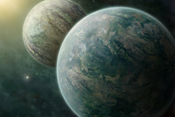 Zwei Paare von Planeten in einem riesigen Raum