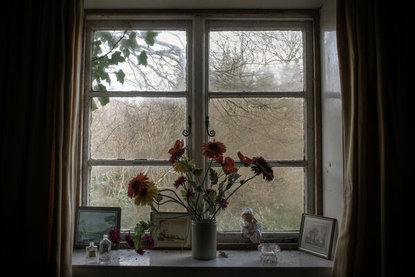 Ein Haus im Dorf. Vase mit Blumen