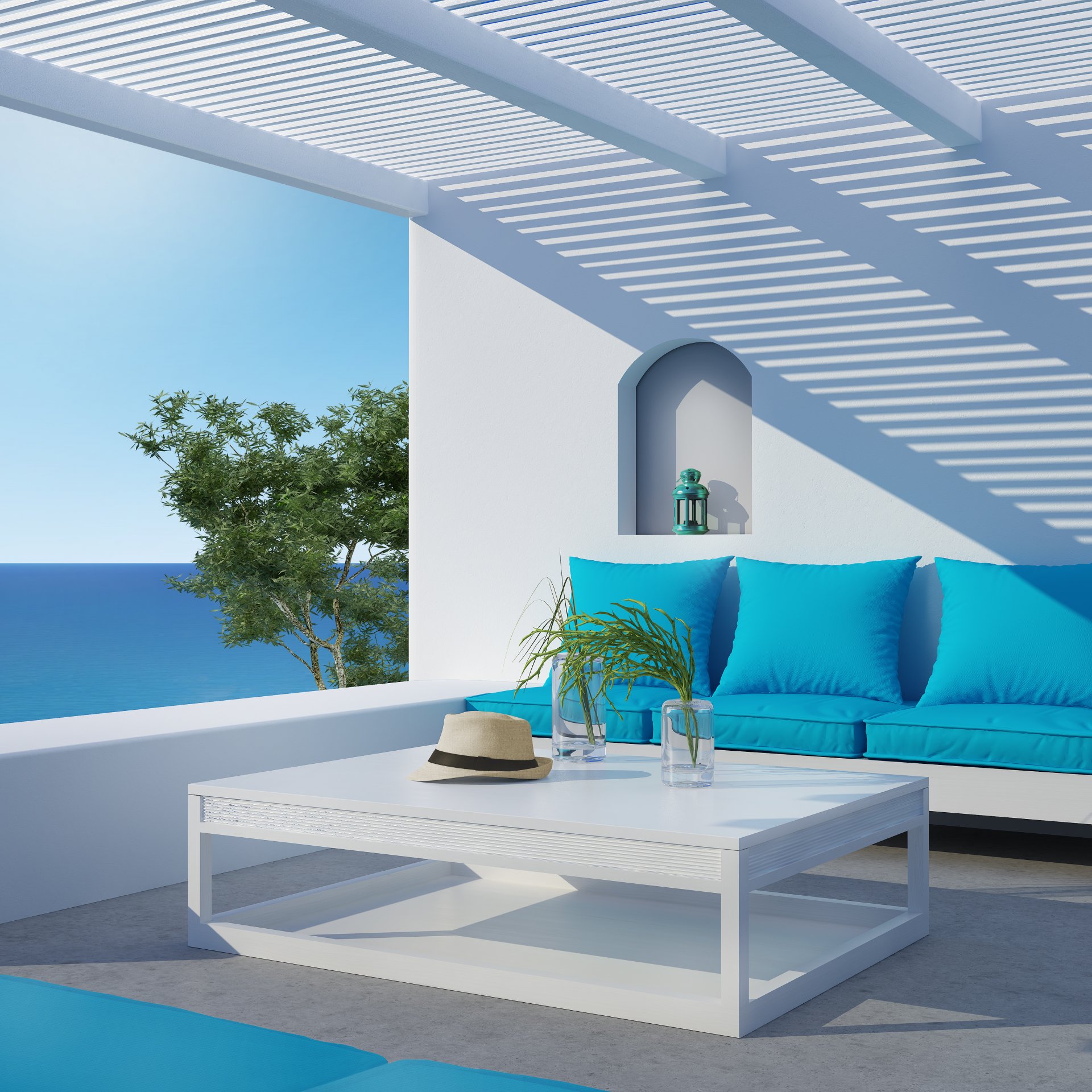 interieur meer holz villa sofa tisch hut. schatten sonne