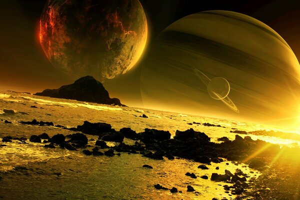 Kunst Sonnenuntergang Planet Satellit