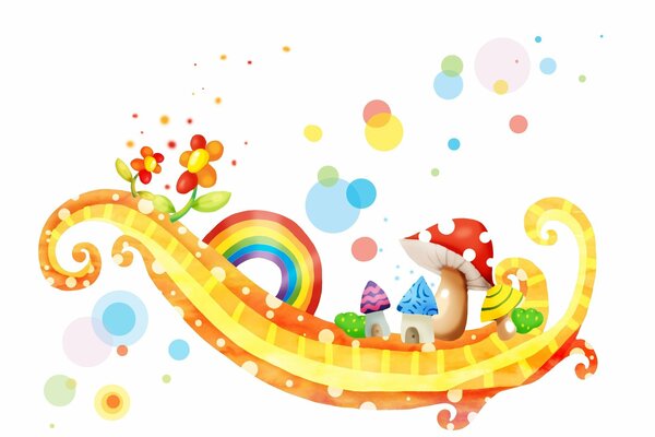 Kinderzeichnung mit Regenbogen und Pilzen