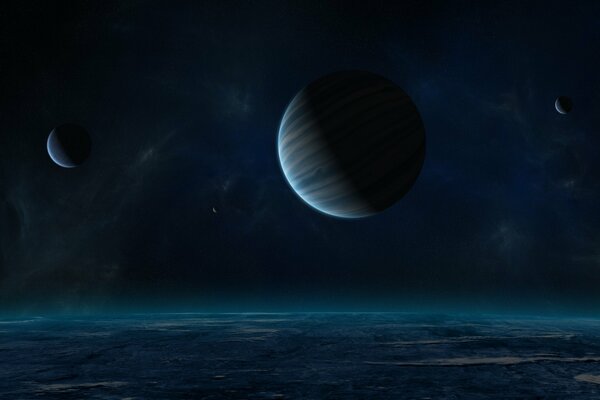 Planet mit Satelliten im Nachtraum