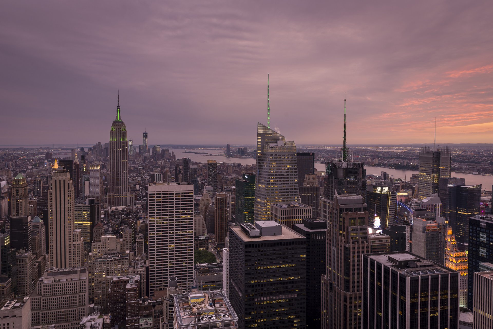 new york city stadt wolkenkratzer fluss dämmerung