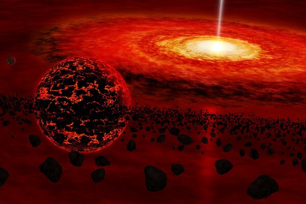 Planet und Steinfragmente auf dem Hintergrund eines Feuerballs