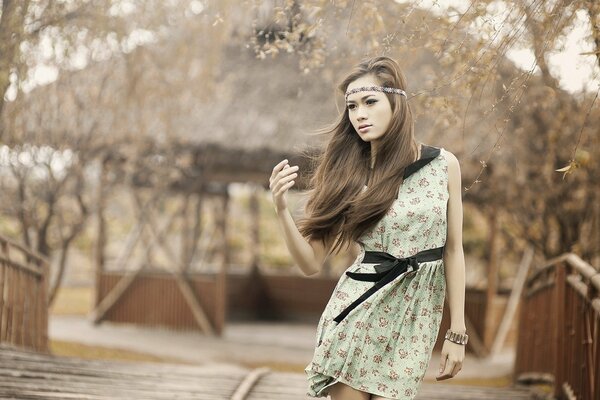 Asiatische Mädchen sieht in der Natur aus