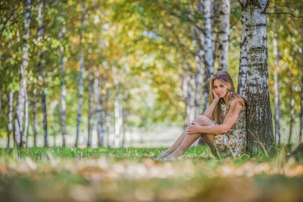 Mädchen im Kleid sitzt am Baum im Wald
