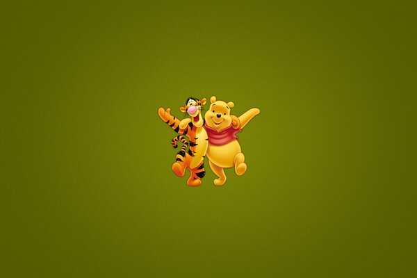 Winnie the Pooh und Tiger in einer Umarmung auf einem dunkelgrünen Hintergrund