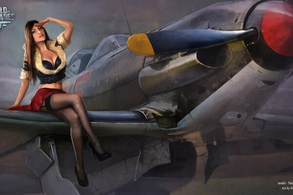 Mädchen in Strümpfen auf dem Flügel eines world warplanes-Flugzeugs