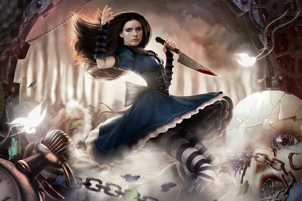 Alice Madnes Returns mit einem blutigen Messer in der Hand