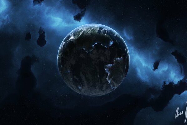 Ein einsamer Planet im blauen kosmischen Nebel