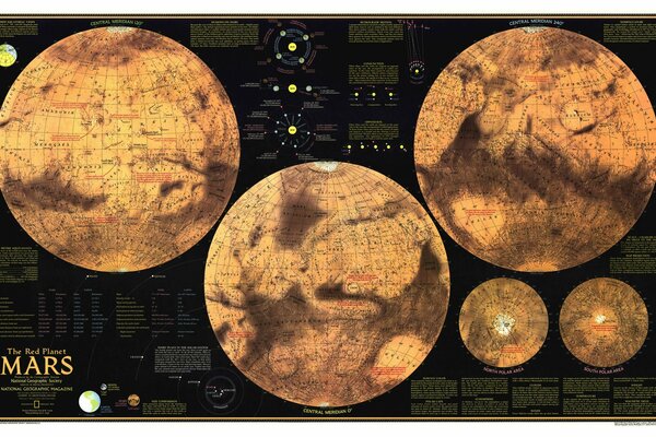 Eine große Karte mit Hemisphären und der Inschrift Mars an der Unterseite